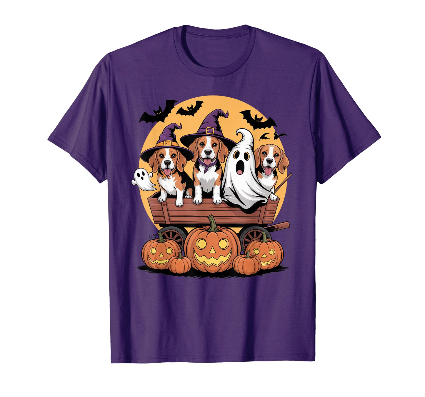 Beagle Halloween Wagon Witch Hats Ghost Bats Pumpkins Funny T-Shirt