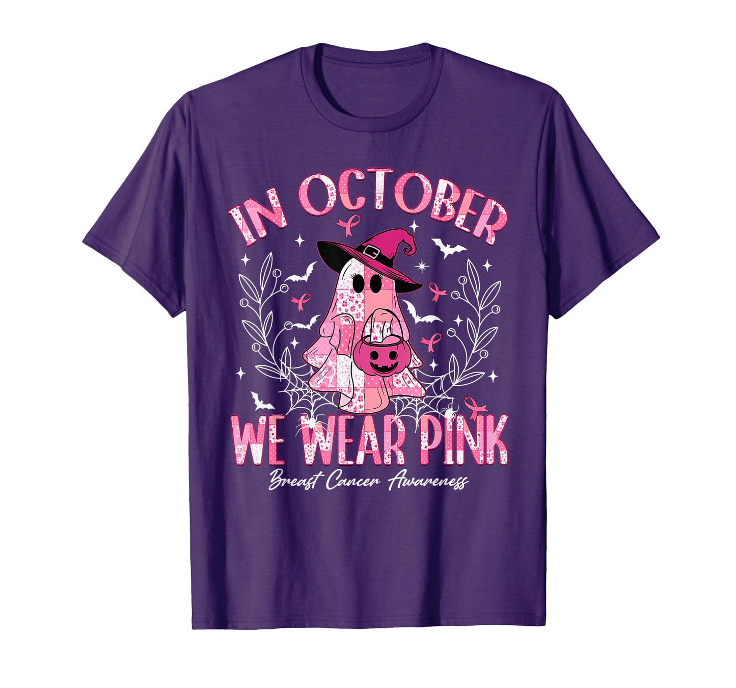 in October We Wear Pink Ghost Witch Breast Cancer Awareness T-Shirt