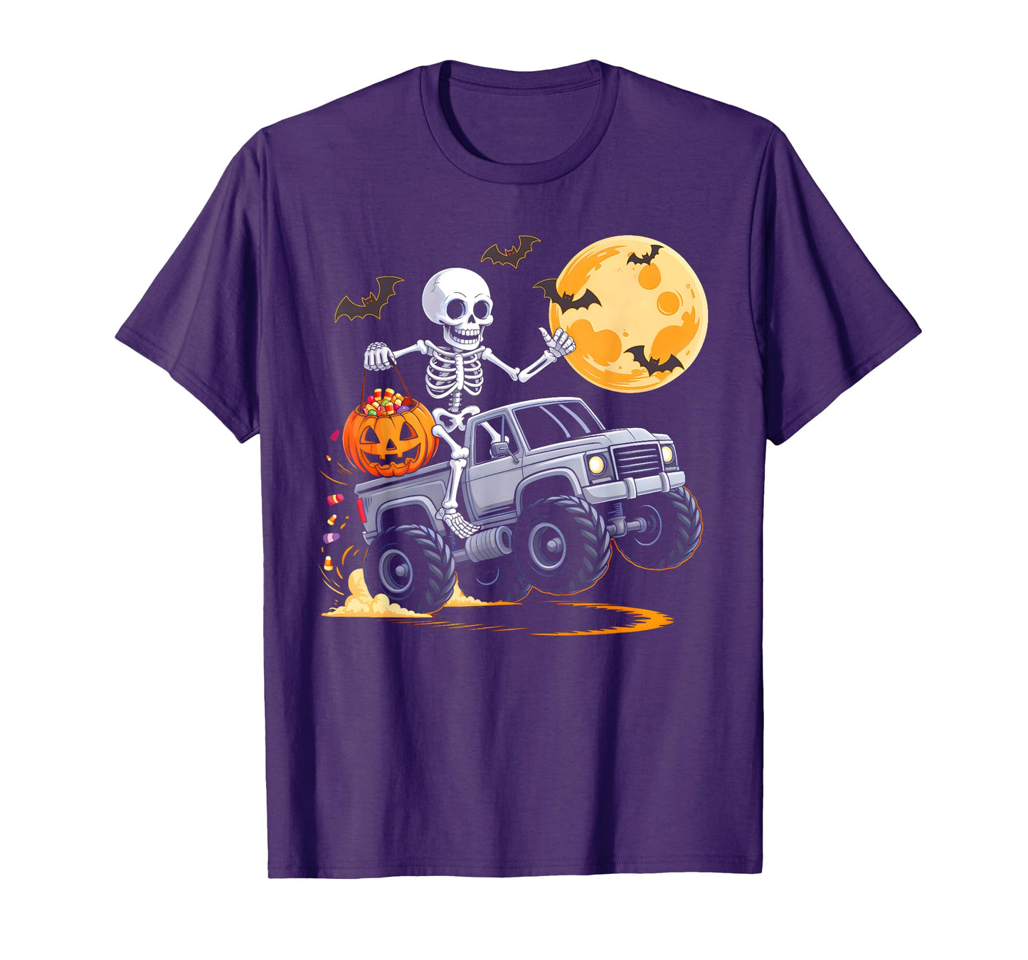 Skeleton Monster Truck Halloween Moon Pumpkin Boys Kids T-Shirt