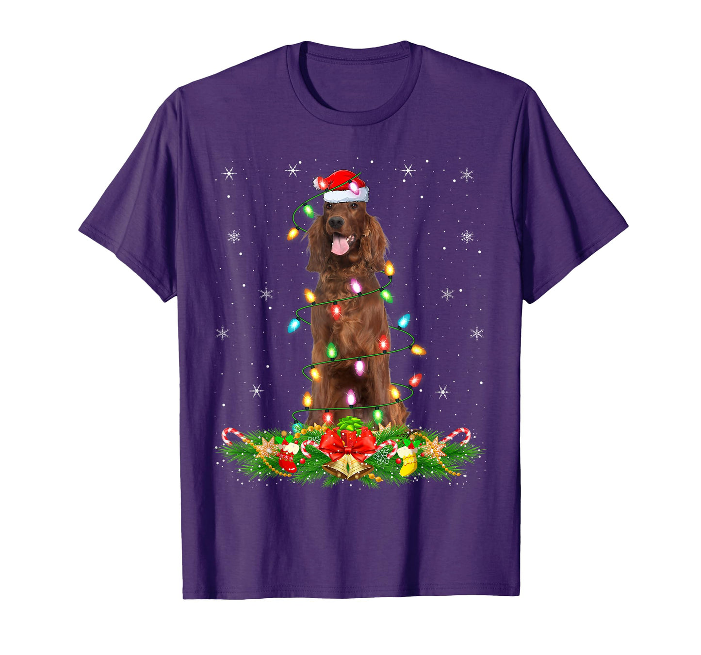 Irish Setter Dog Christmas Lights Funny Santa Hat Xmas T-Shirt
