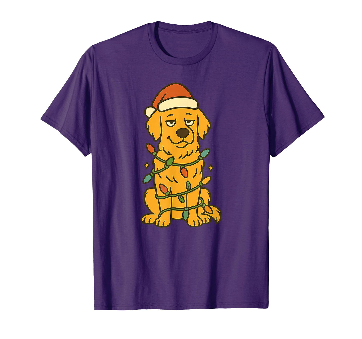 Cute Christmas Golden Retriever Cartoon Style Lights T-Shirt