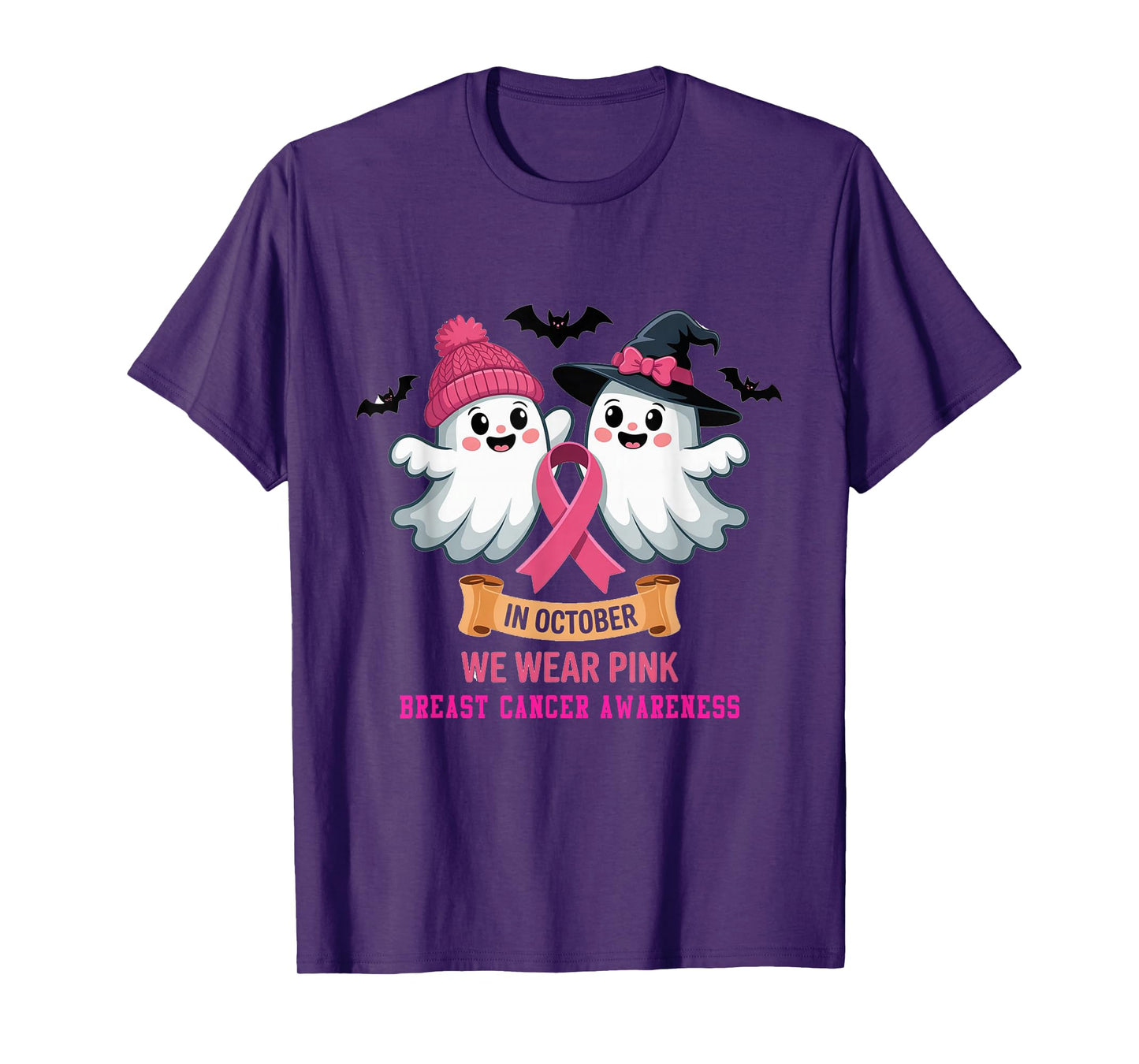 in October We Wear Pink Ghost Witch Breast Cancer Awareness T-Shirt