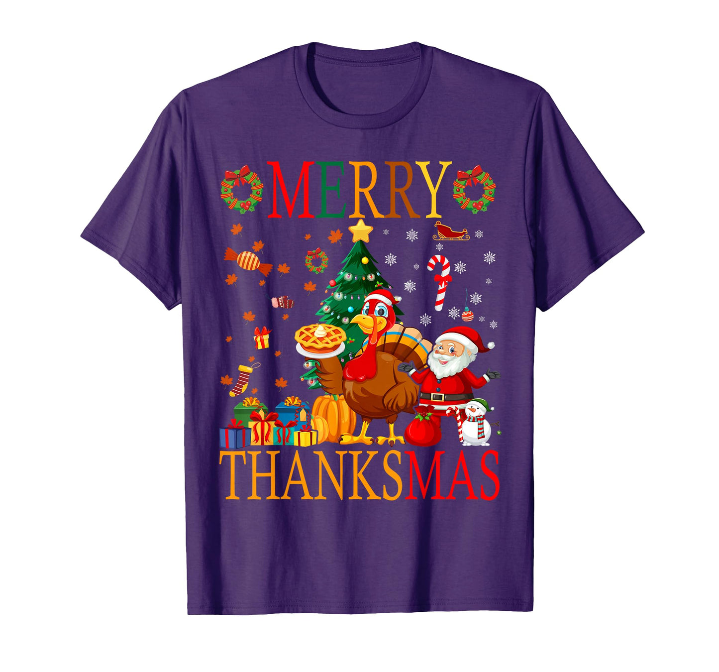 Funny Merry Thanksmas Pumpkin Turkey Thanksgiving Christmas T-Shirt