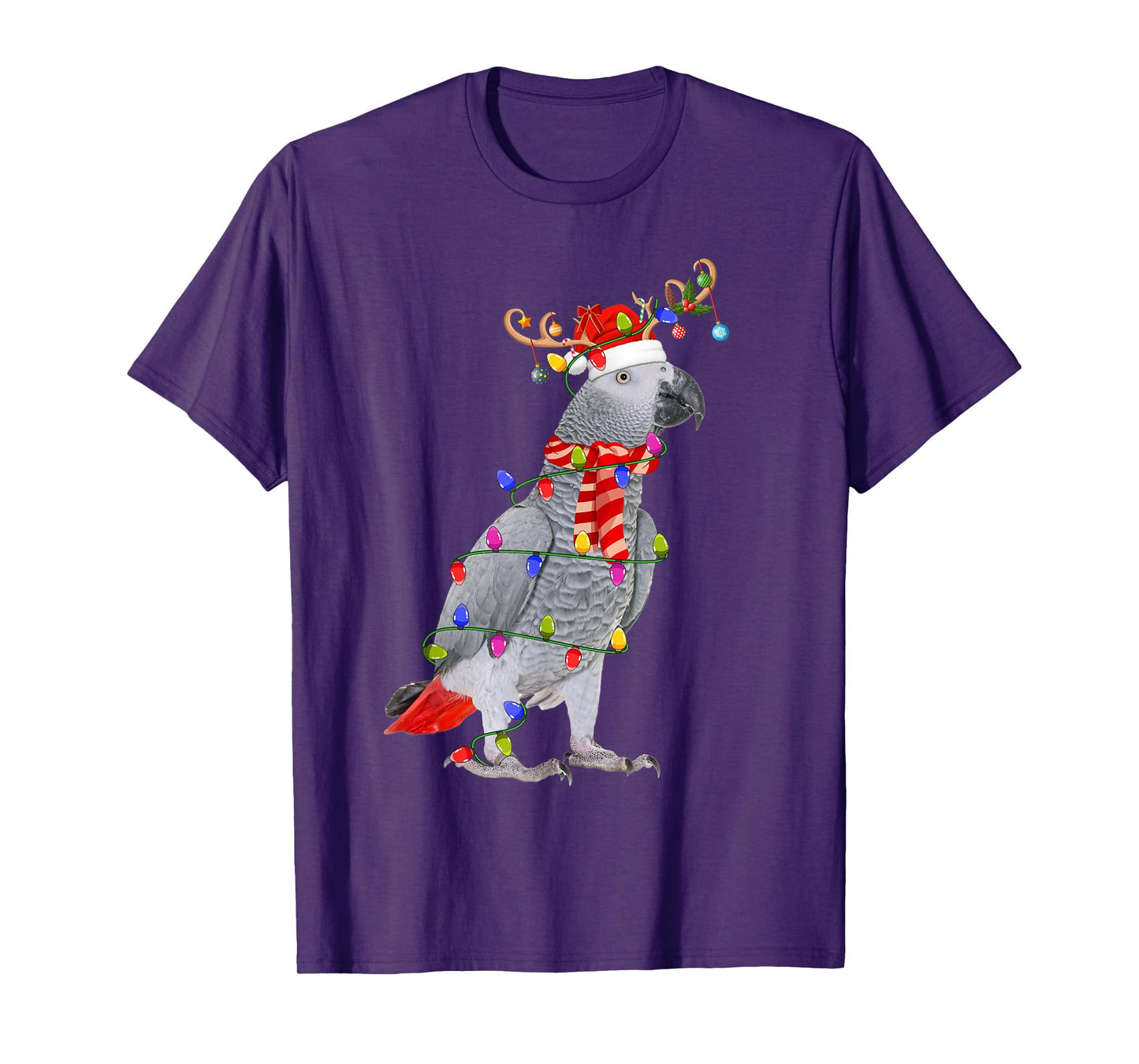 Grey Parrot Bird Christmas Lights Reindeer Santa Hat Xmas T-Shirt