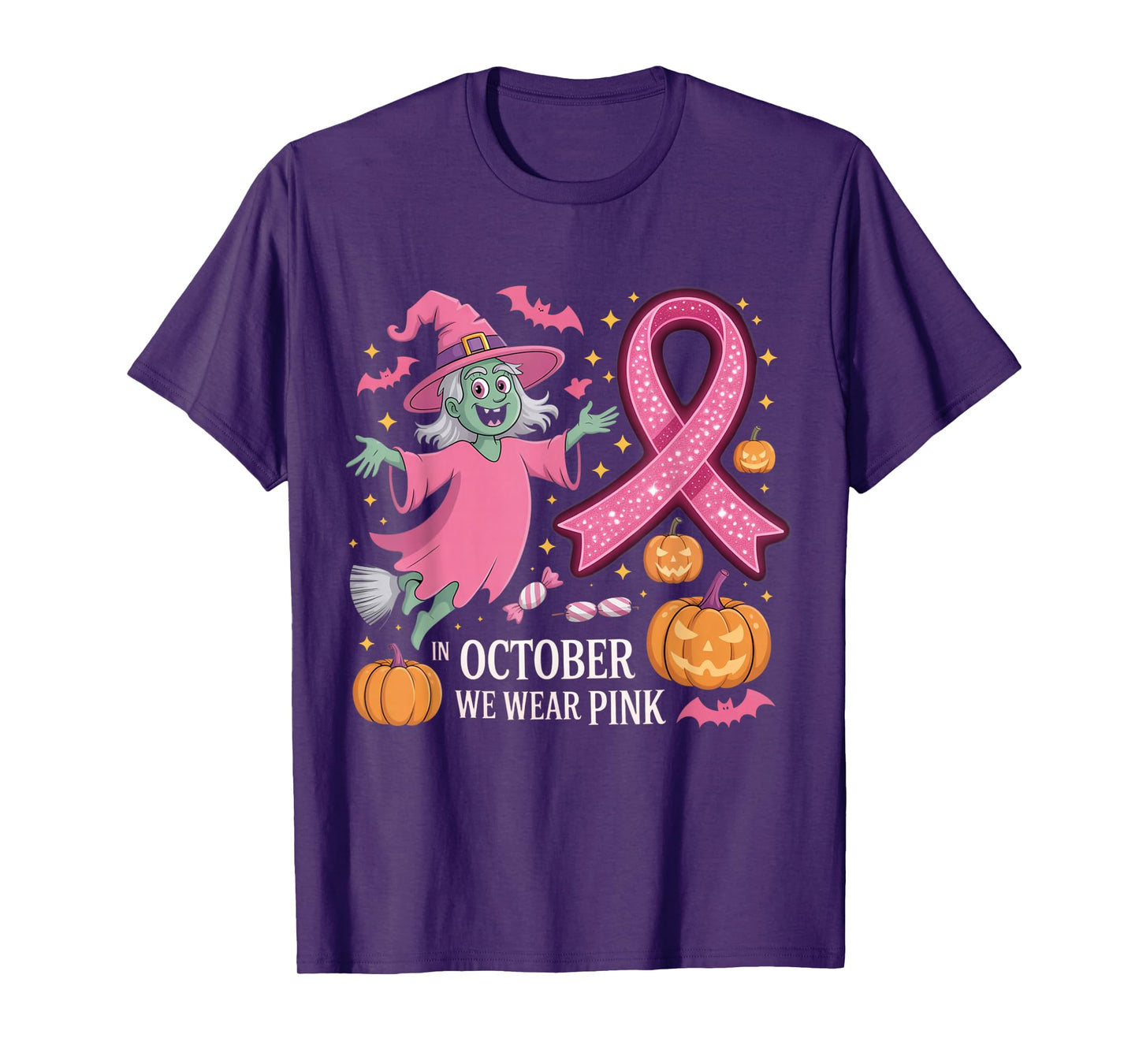 in October We Wear Pink Ghost Witch Breast Cancer Awareness T-Shirt