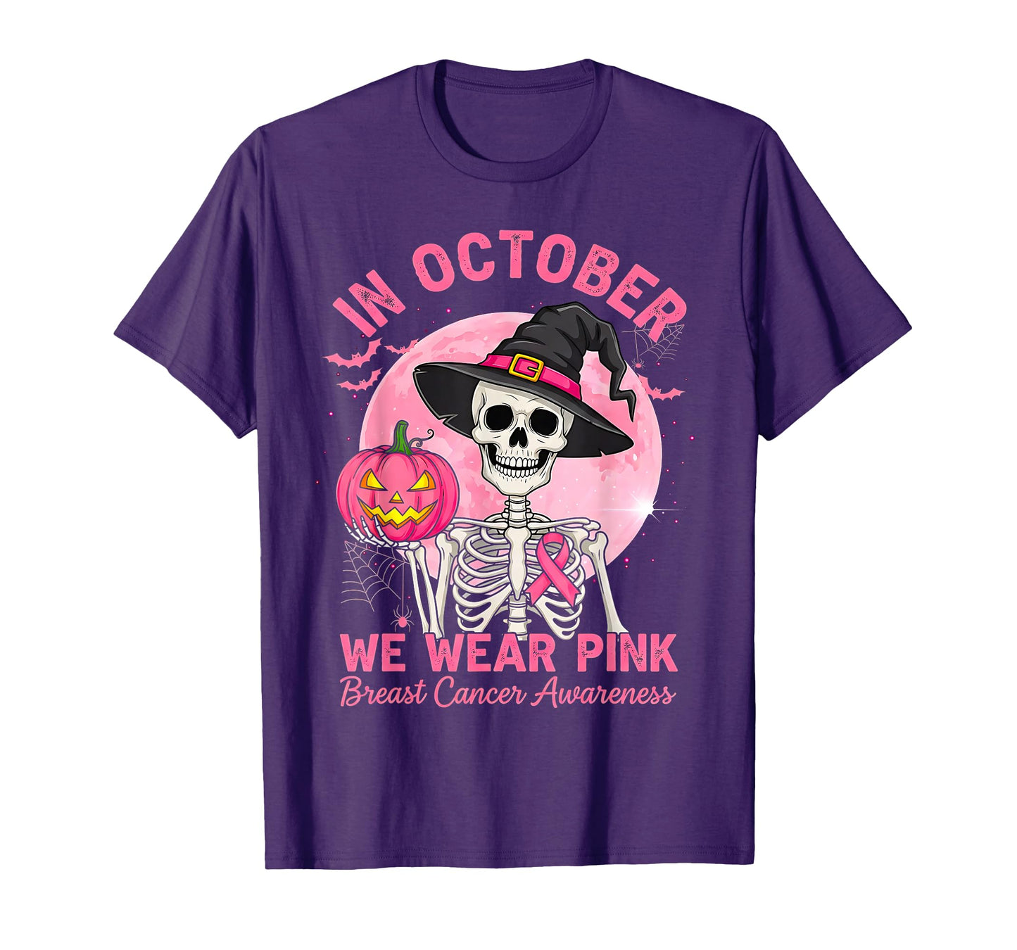 Halloween Breast Cancer Awareness Spooky Skeleton Witch T-Shirt