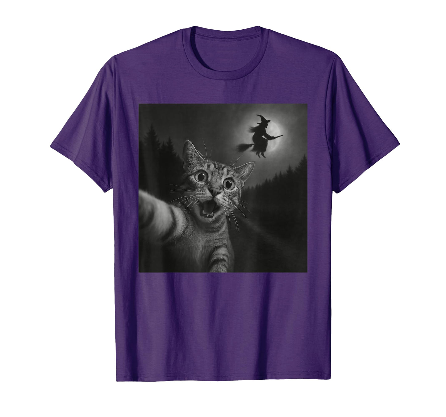Funny Halloween Surprised Scared Cat Selfie Witch Broomstick T-Shirt