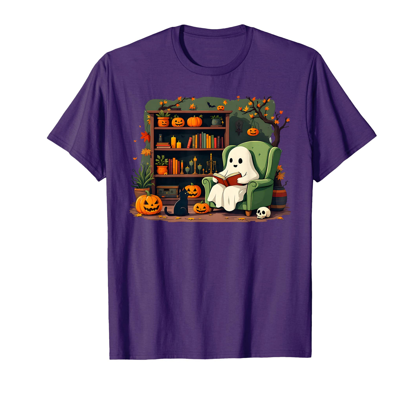 Ghost Library Reading Books Halloween Men Women Kids T-Shirt