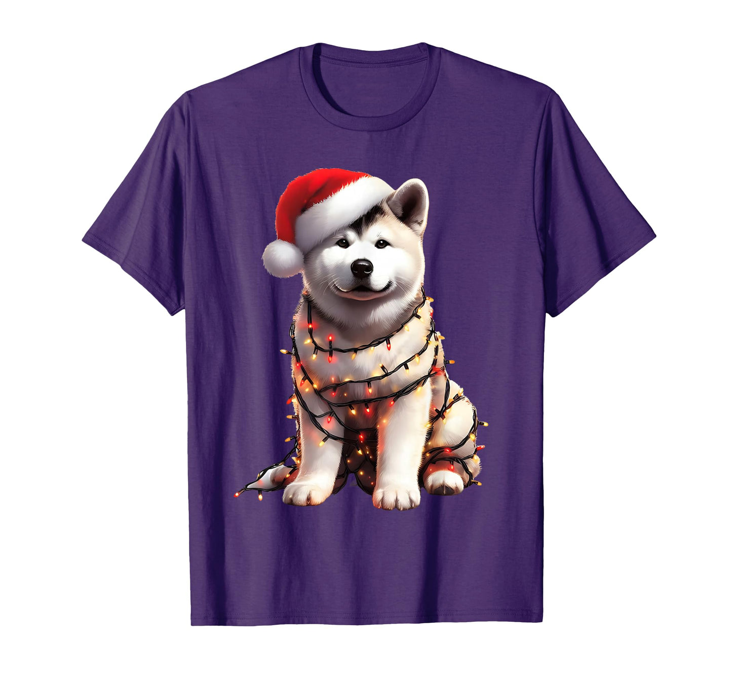 Akita Dog Christmas Lights Santa Hat Dog Lover T-Shirt