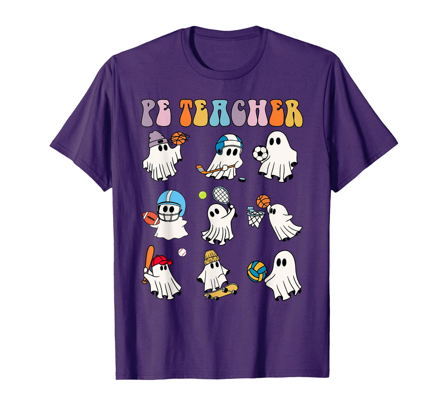 Halloween PE Teacher Ghost Playing Soccer Football Baseball T-Shirt