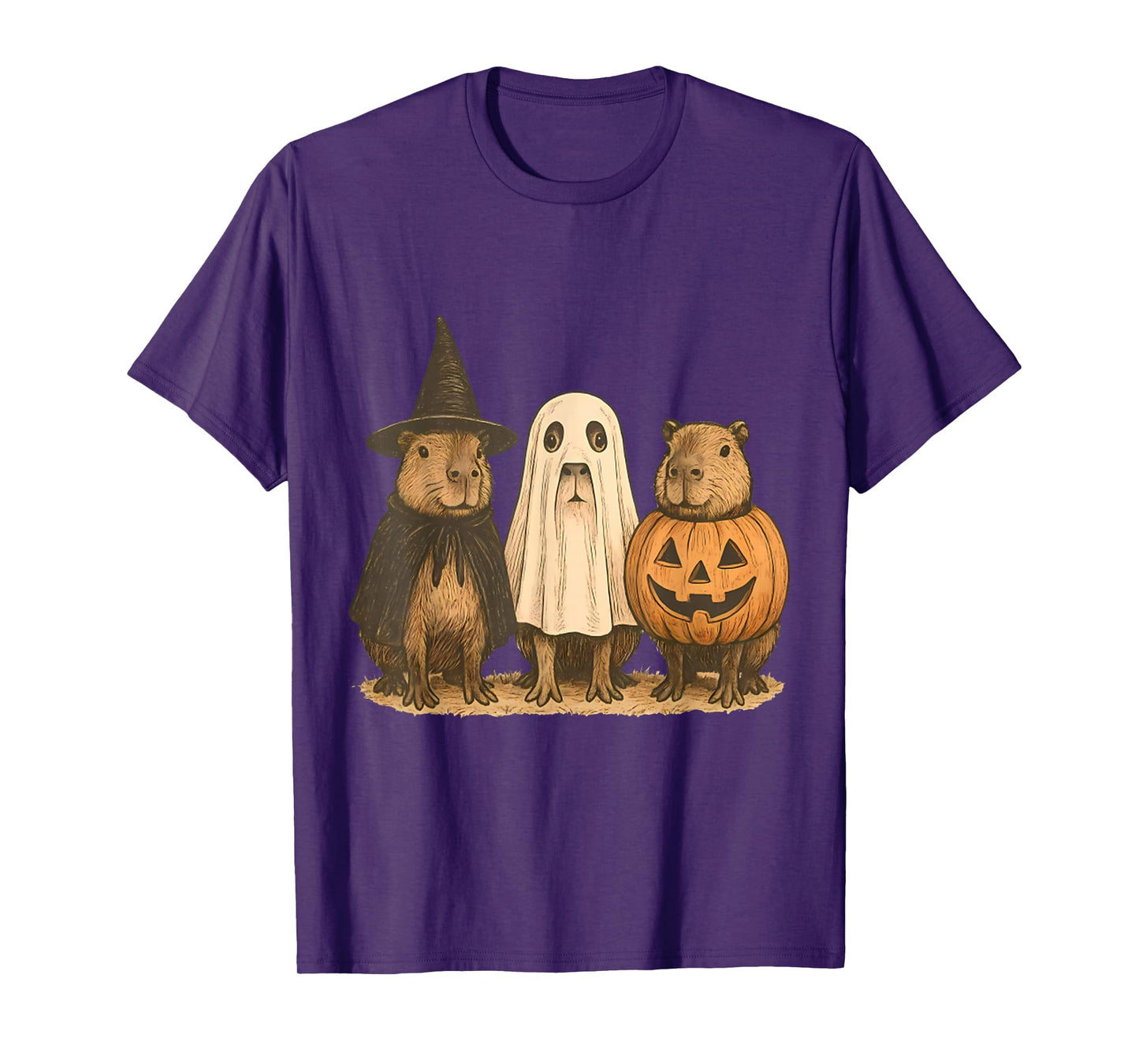 Vintage Cute Capybara Pumpkin Witch Halloween Spooky Season T-Shirt
