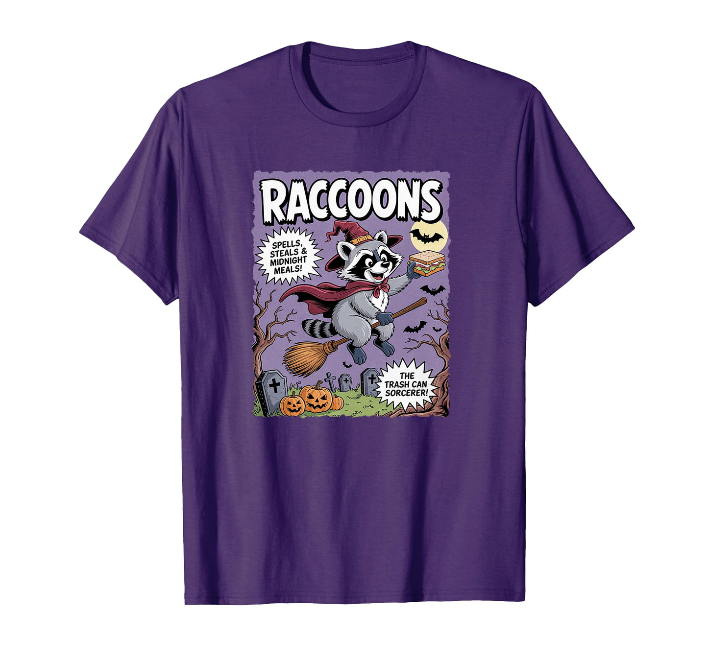 Cute Vintage Raccoon Witch Halloween Funny Trash Panda Comic T-Shirt