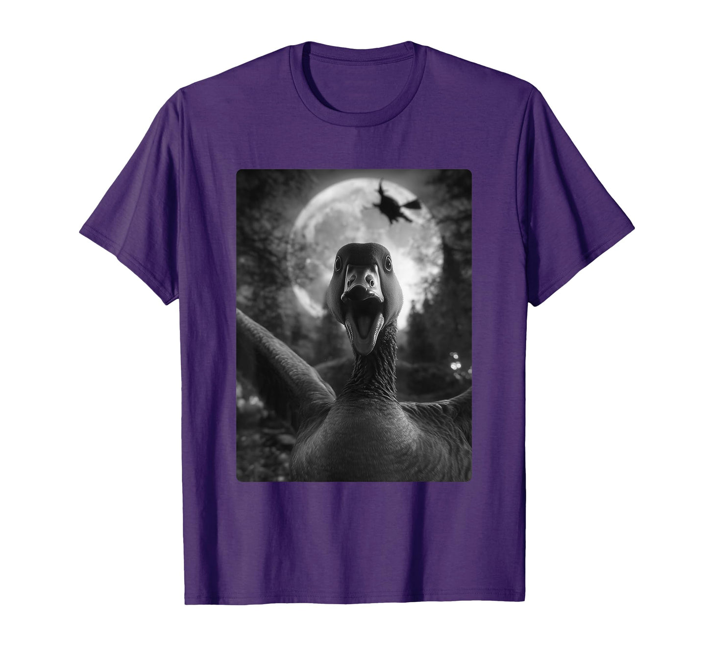 Funny Goose Selfie Full Moon Flying Witch Forest Halloween T-Shirt