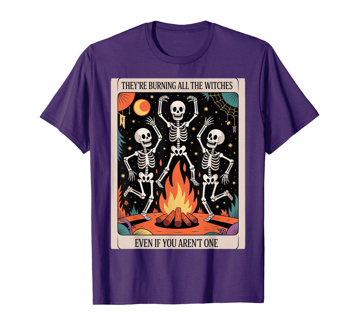 Burning Witches Skeleton Bonfire Tee – Gothic Halloween Taro T-Shirt