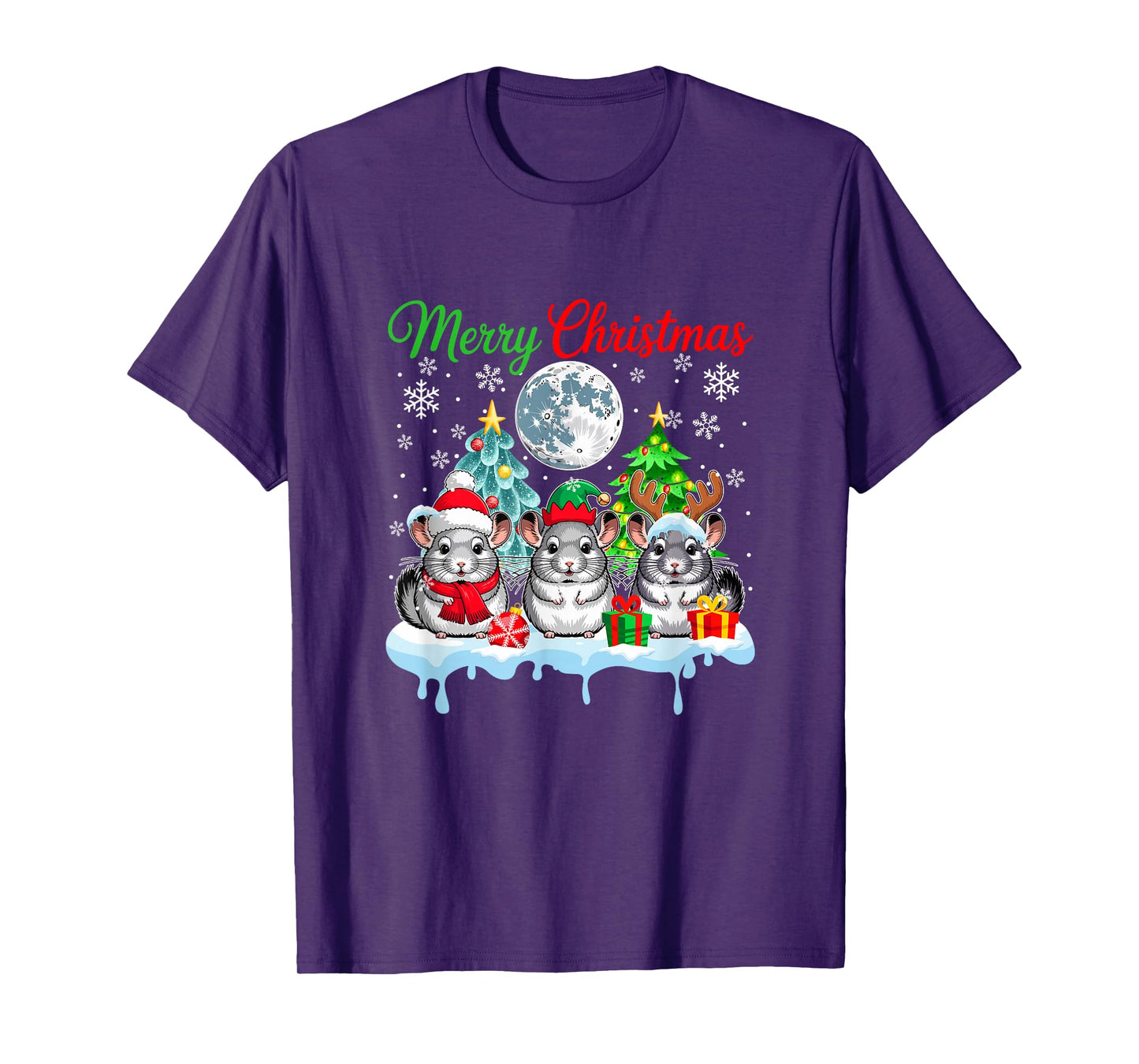 Merry Christmas Three Santa Elf Reindeer Chinchillas Rodent T-Shirt
