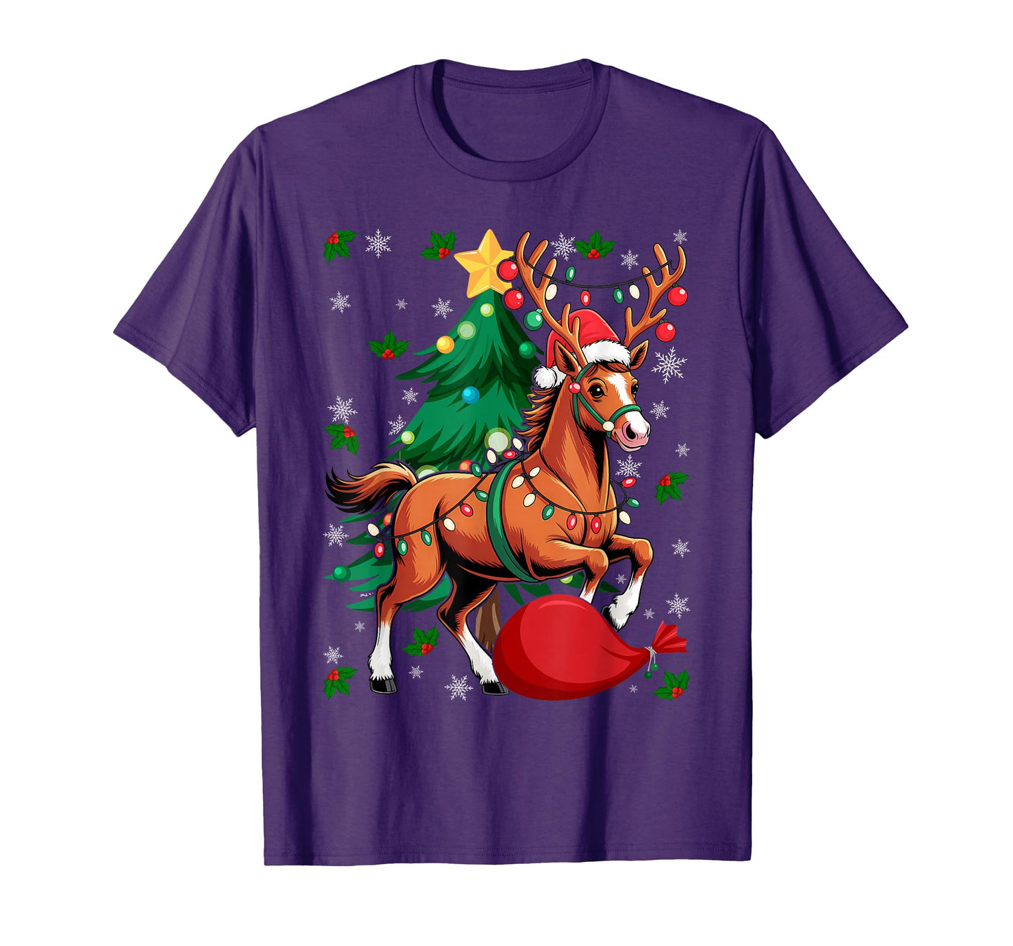 Christmas Lights Horse Santa Funny Xmas Tree T-Shirt