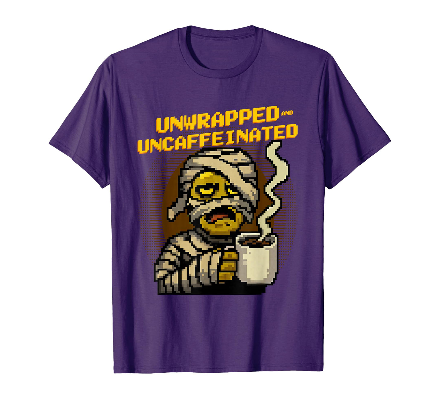 Unwrapped Uncaffeinated Funny Pixel Art Mummy Halloween T-Shirt