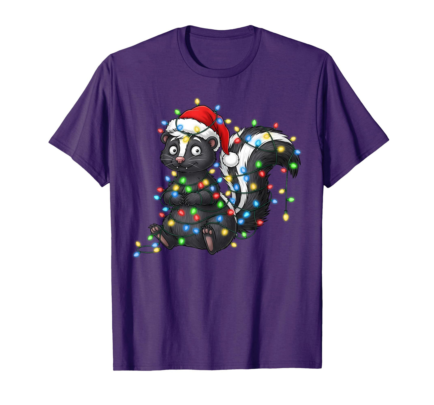 Cute Skunk Tangled in Christmas Lights Wearing Santa Hat T-Shirt
