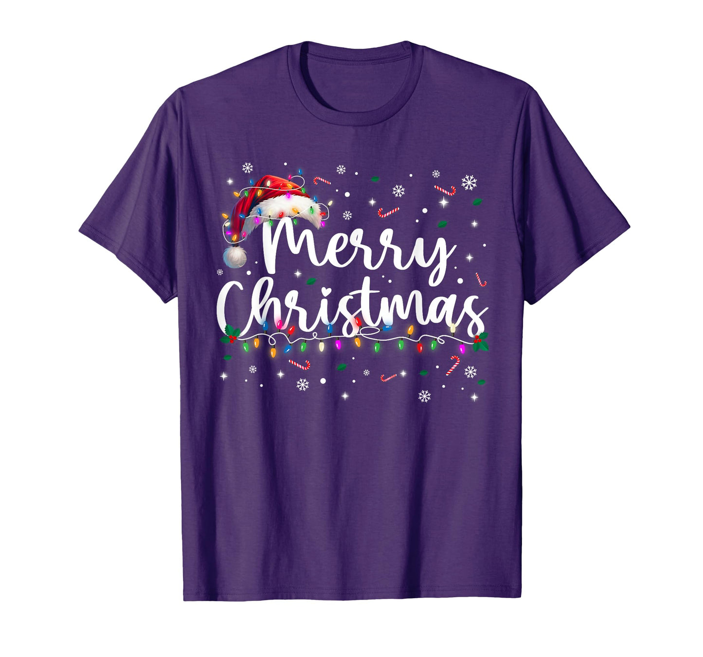 Merry Christmas Lights Santa Hat Xmas Family Men Women T-Shirt