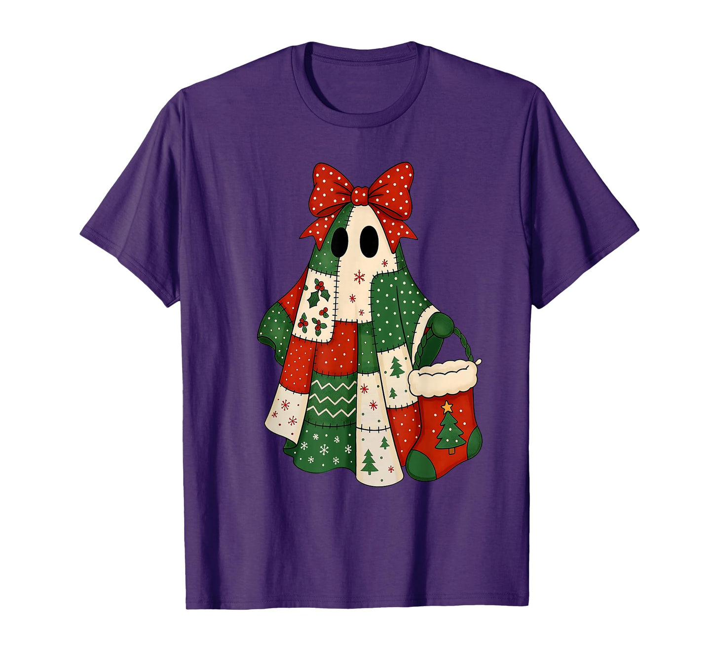 Retro Patchwork Christmas Ghost Coquette Bow X-mas Holiday T-Shirt