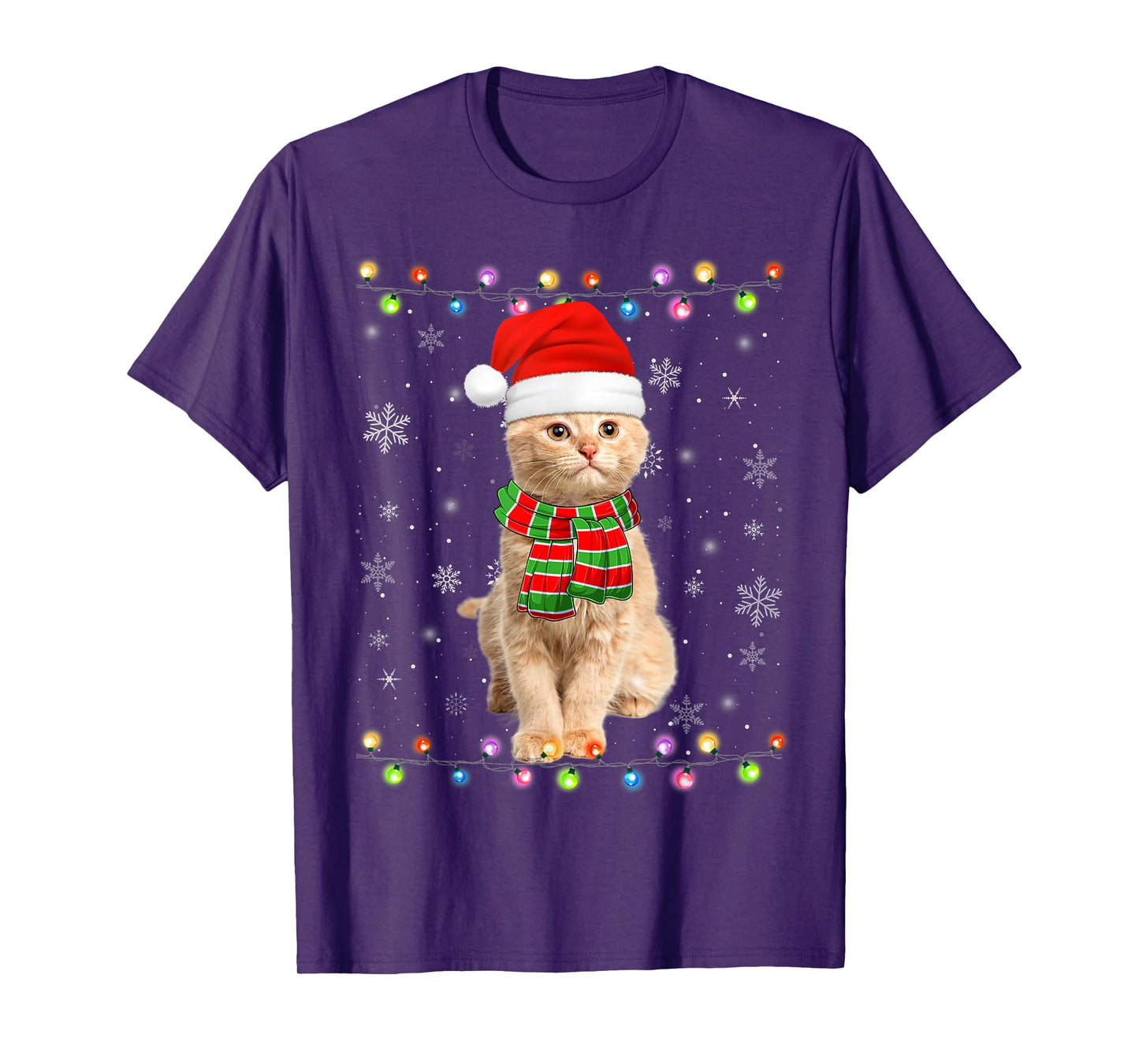 Cat Christmas Lights Santa Hat Funny Meowy Cat Xmas T-Shirt