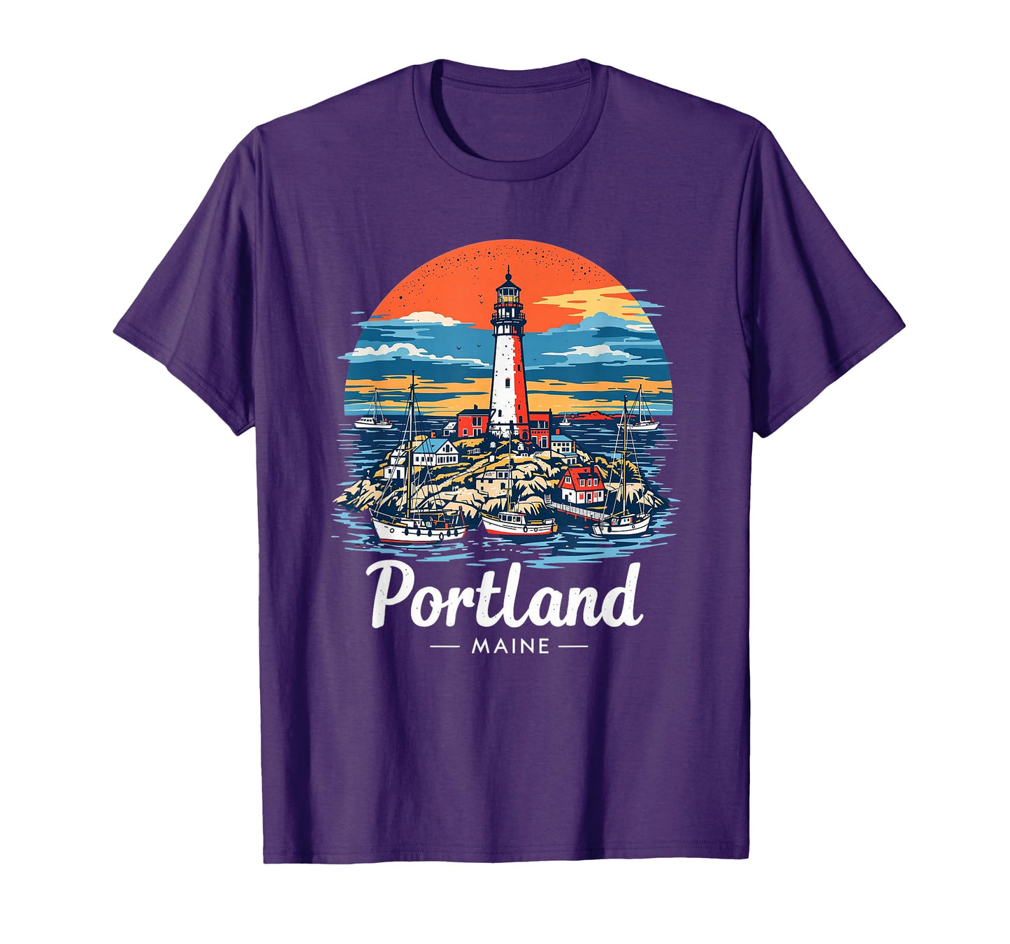 Vintage Portland Maine Sunset Skyline Coastal Cityscape T-Shirt