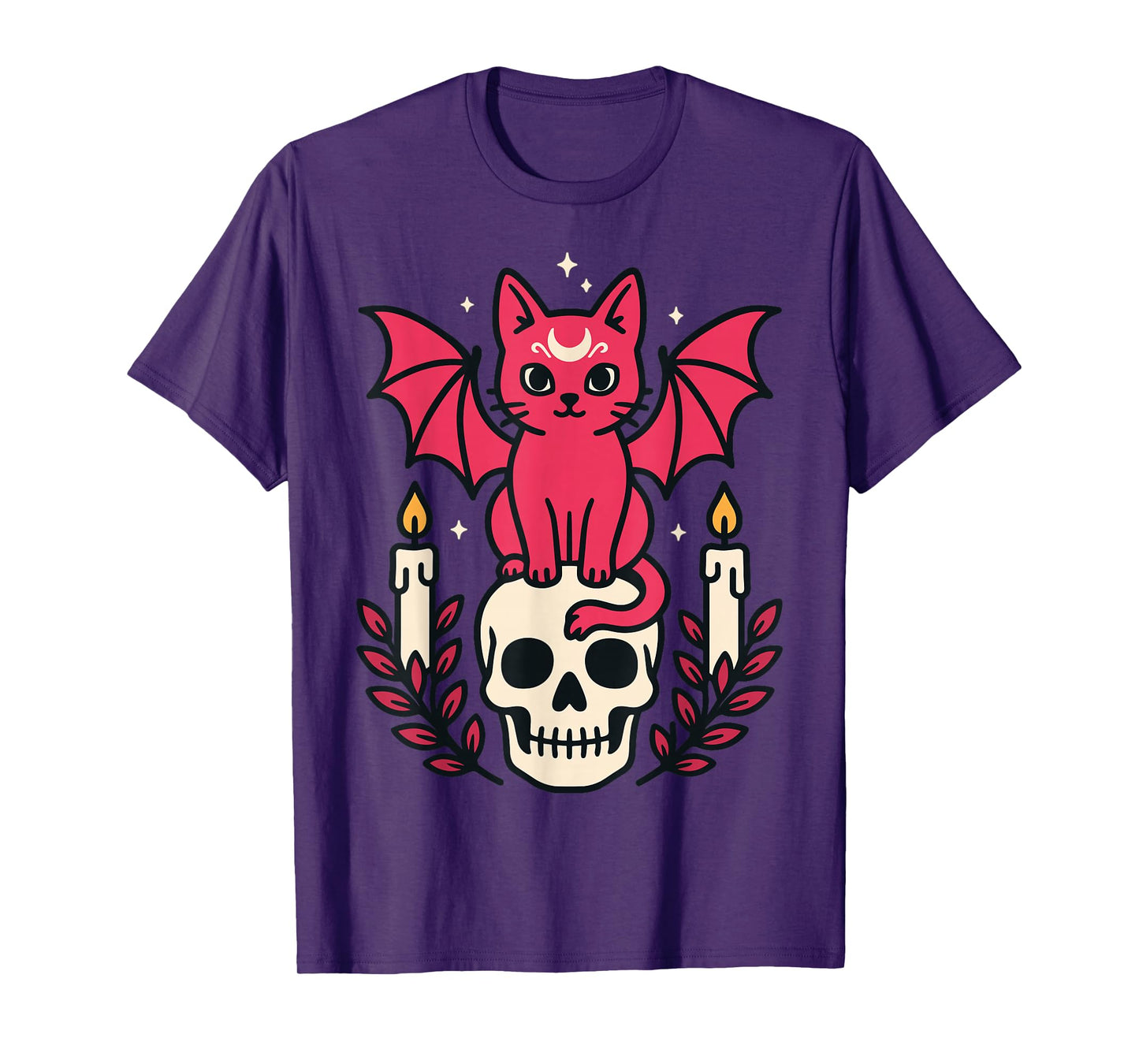 Gothic Bat Cat on Skull Cute Halloween Magic Style T-Shirt