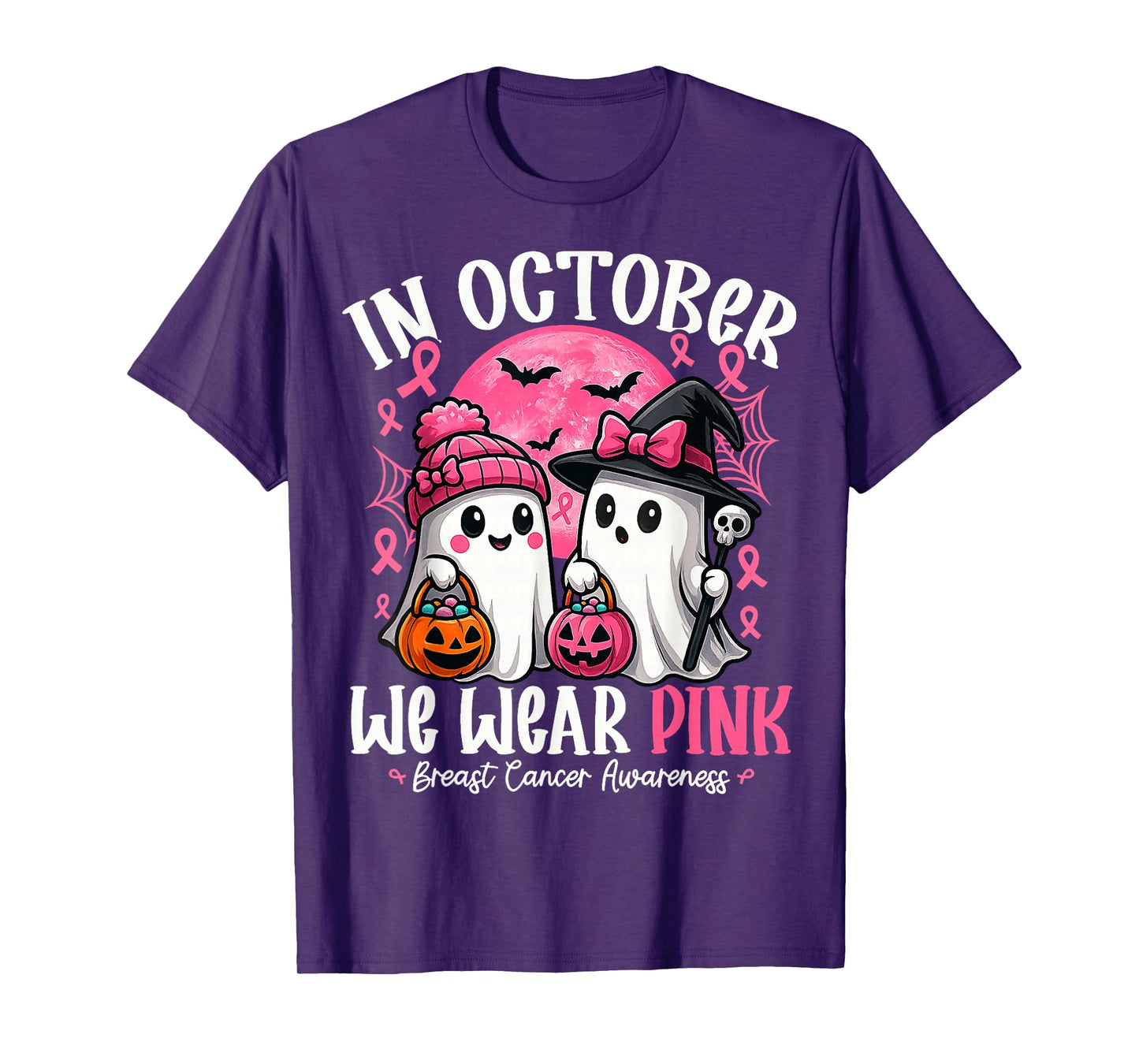 in October We Wear Pink Ghost Witch Breast Cancer Awareness T-Shirt