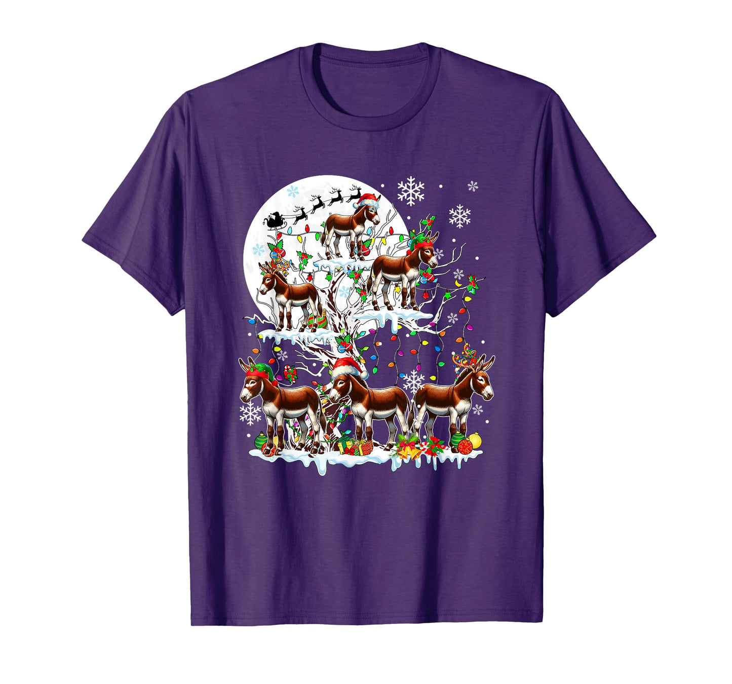 Group Santa Reindeer Elf Donkeys On Tree Christmas Snow T-Shirt