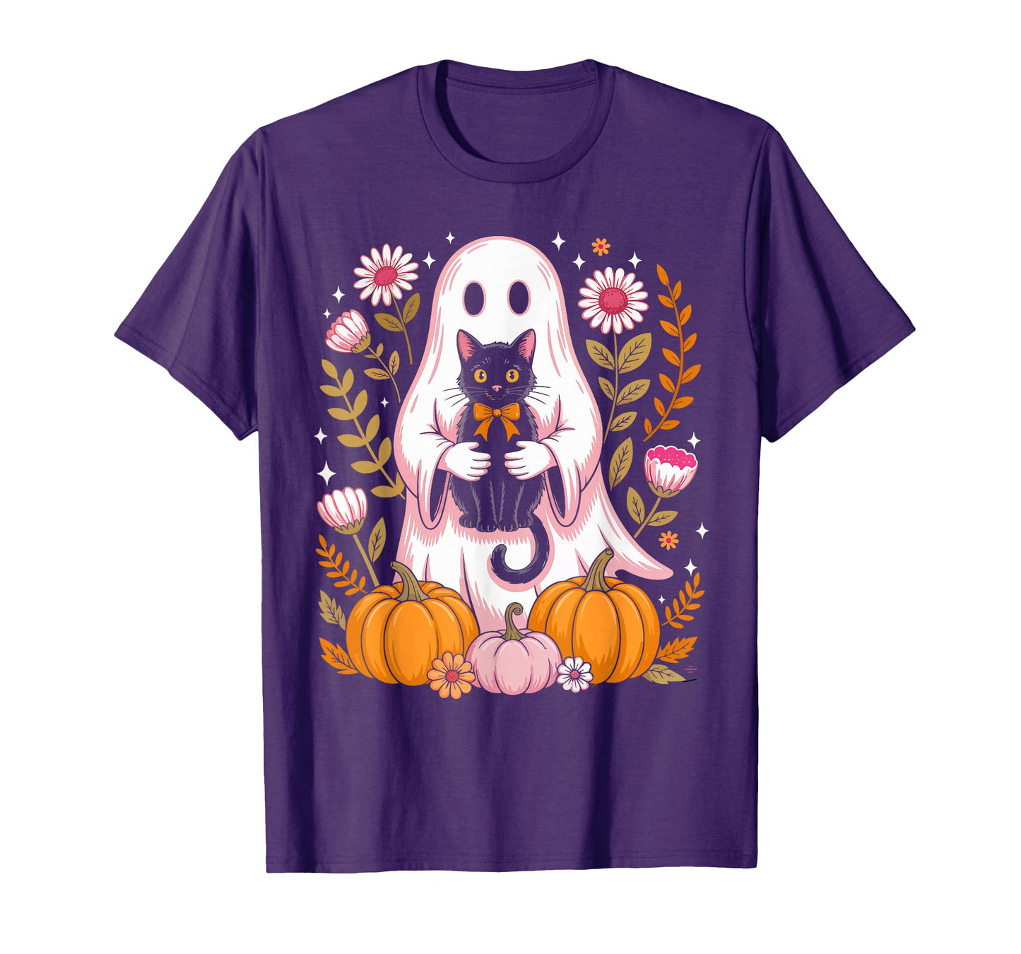 Cute Halloween Ghost Holding Black Cat Vintage Groovy Floral T-Shirt