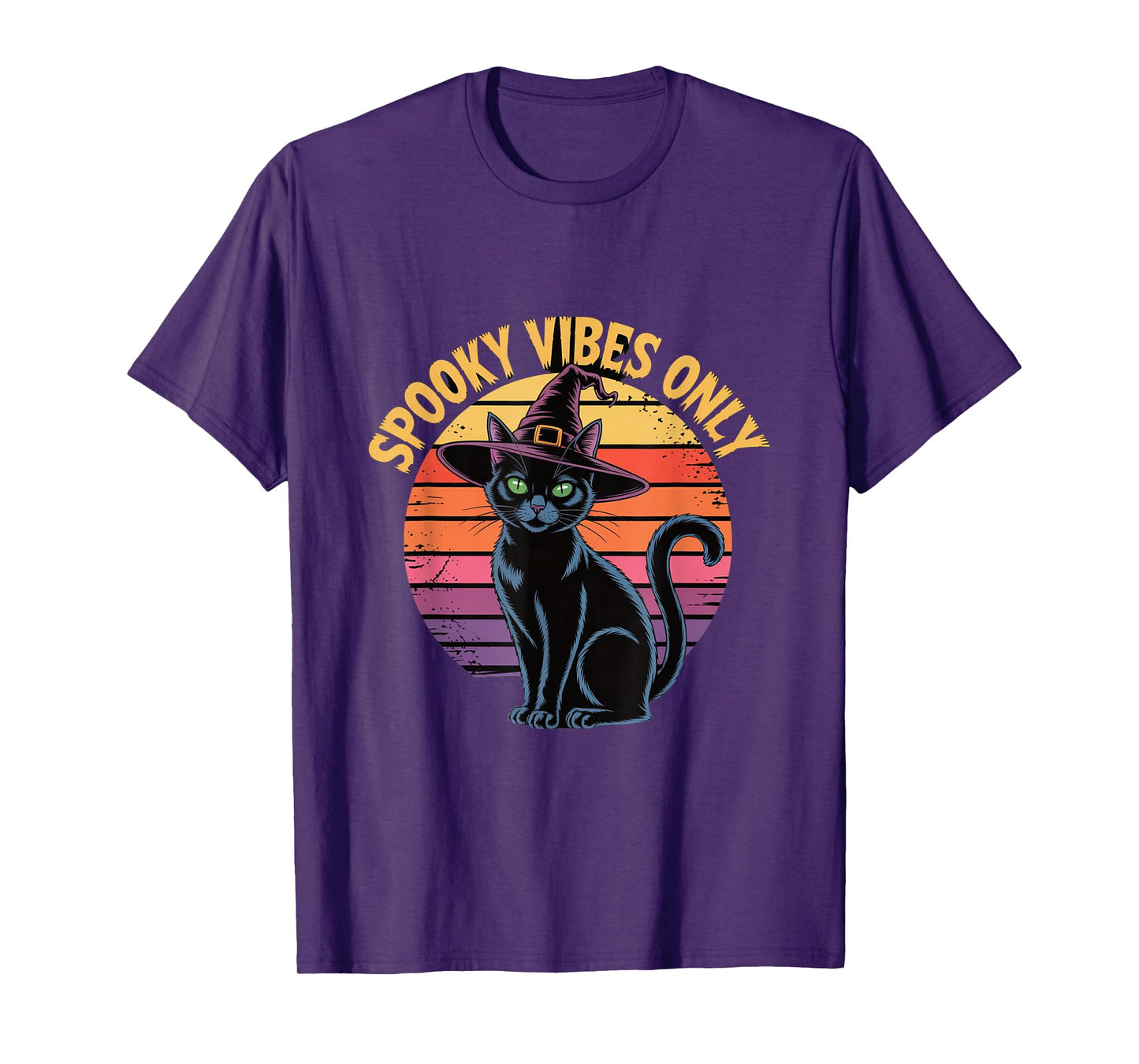 Spooky Vibes Only Cat Witch Hat Retro Sunset Halloween T-Shirt