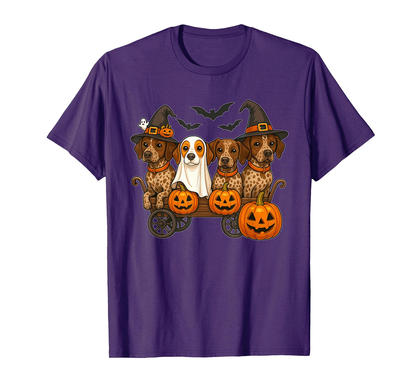 Halloween Shorthaired Dogs Ghost Witch Pumpkins Wooden Wagon T-Shirt