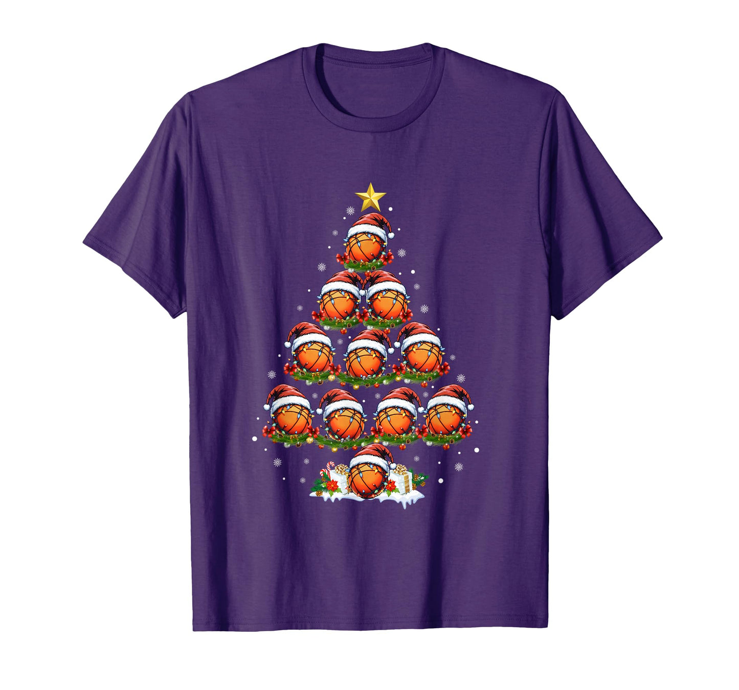 Basketball Christmas Tree Lights Men Boys Funny Xmas Pajamas T-Shirt