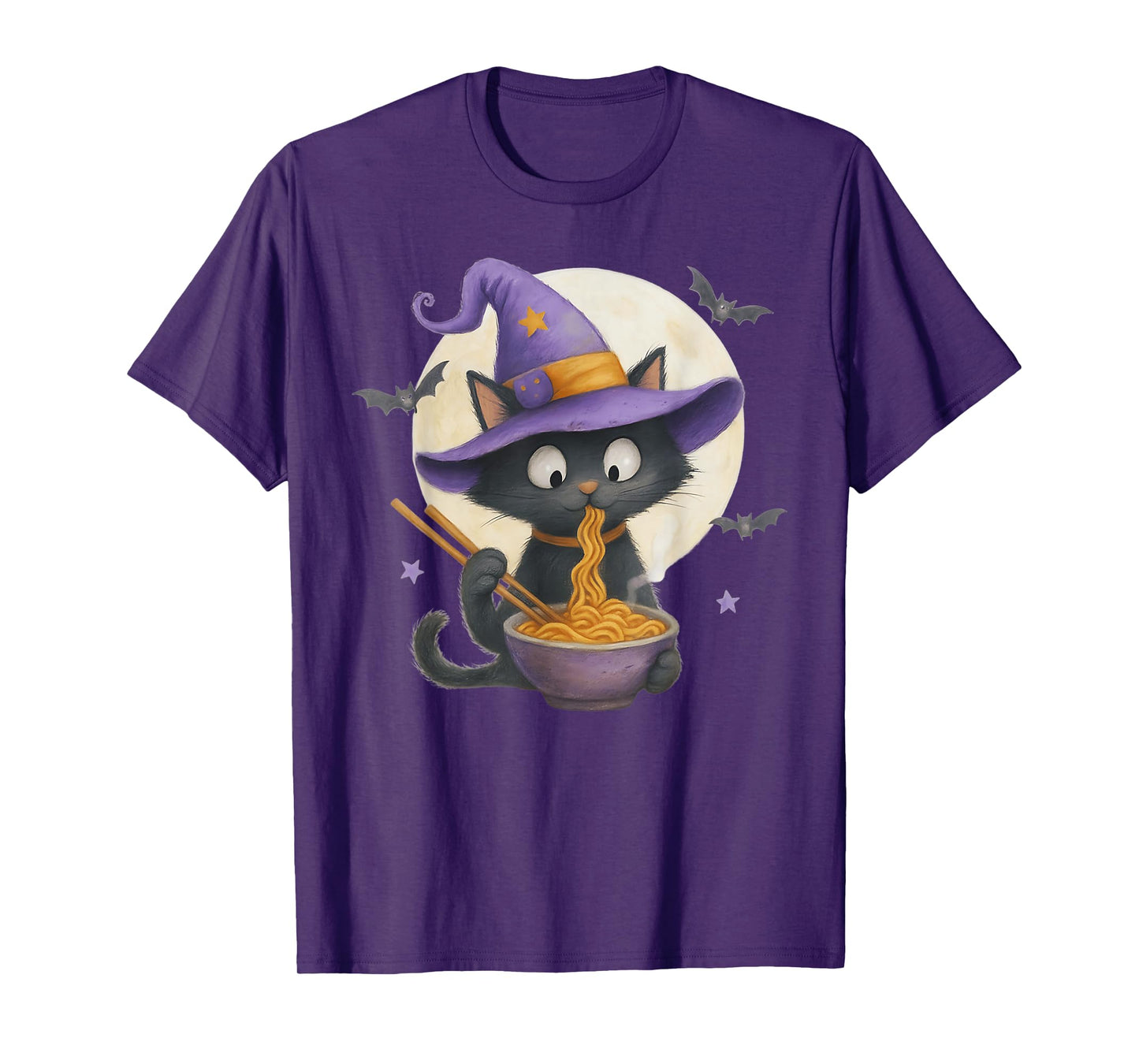 Halloween Spooky Kawaii Black Cat Witch Eating Ramen Noodles T-Shirt