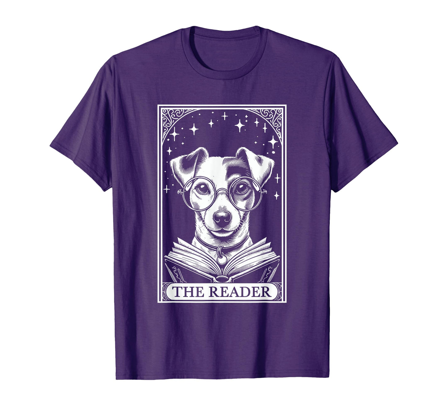 Retro Funny Jack Russell Dog Mom Reading Bookworm Tarot Card Jack Russell Terrier Book Lover T-Shirt - Unisex-Adults, Unisex-Kids - Black - Short Sleeve - Small