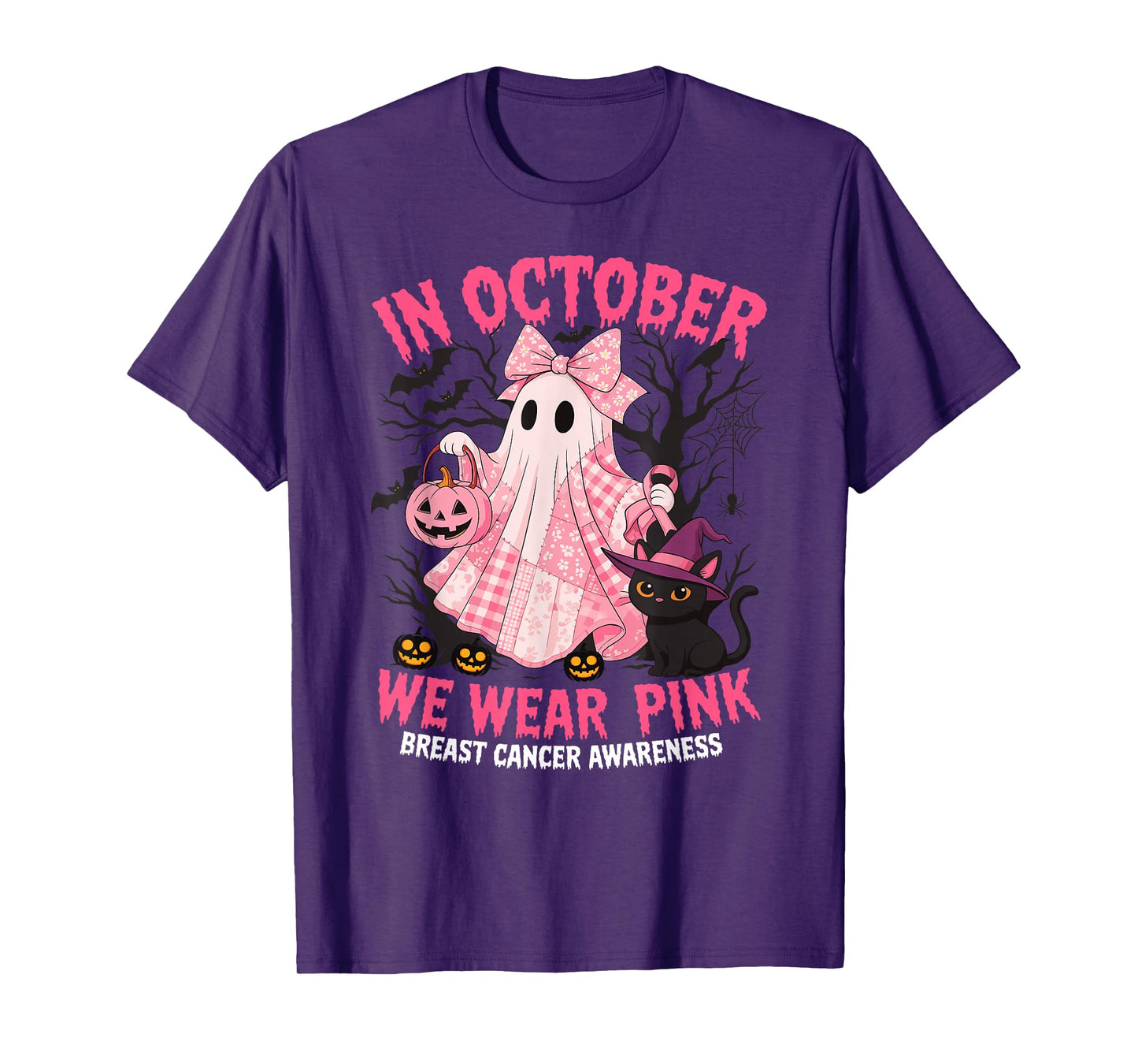 in October We Wear Pink Ghost Breast Cancer Halloween Cute T-Shirt