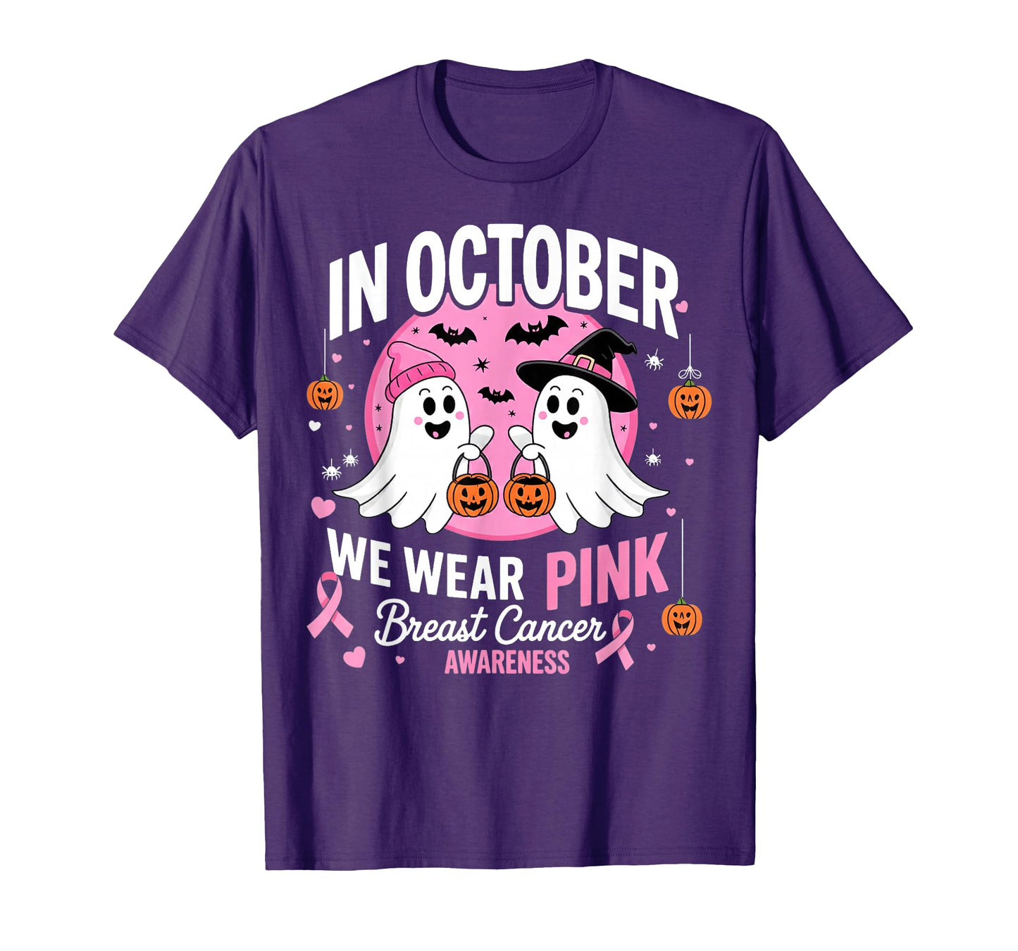 in October We Wear Pink Ghost Witch Breast Cancer Awareness T-Shirt