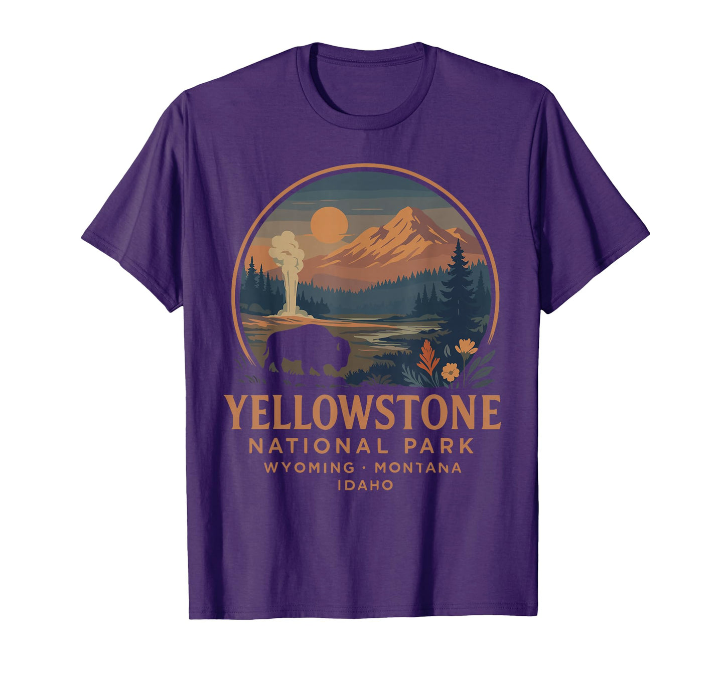 Retro Yellowstone National Park Sunset Buffalo T-Shirt