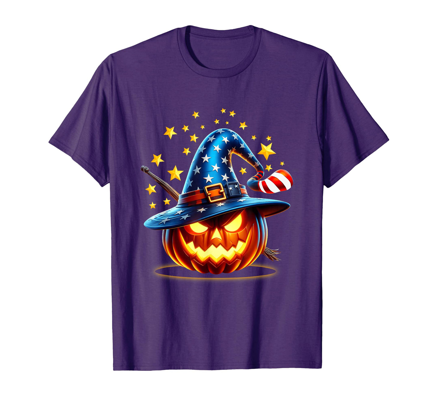 Patriotic Jack O Lantern Wearing Stars and Stripes Witch Hat T-Shirt