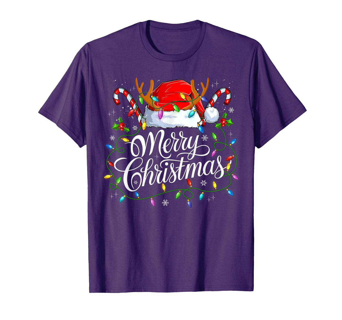 Merry Christmas Xmas Lights Santa Hat Candy Cane Holiday T-Shirt