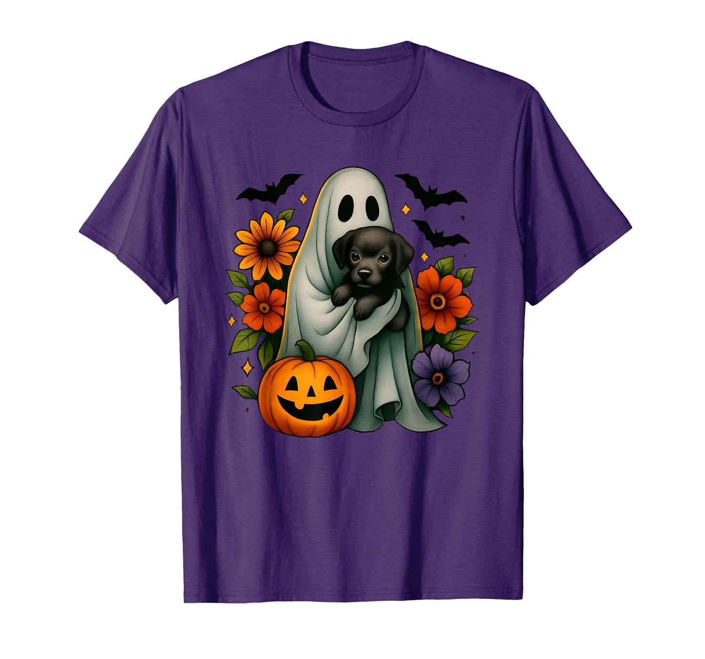 Floral Ghost Black Dog Coquette Funny Halloween Design T-Shirt