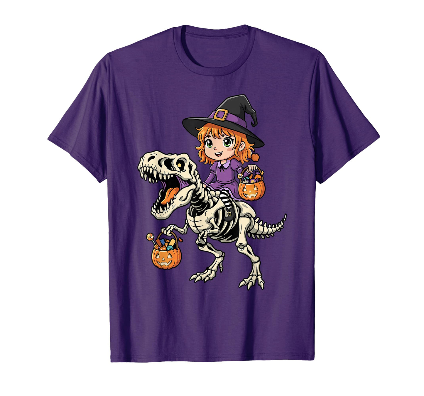 Witch Riding Skeleton T-Rex Funny Halloween Dinosaur T-Shirt