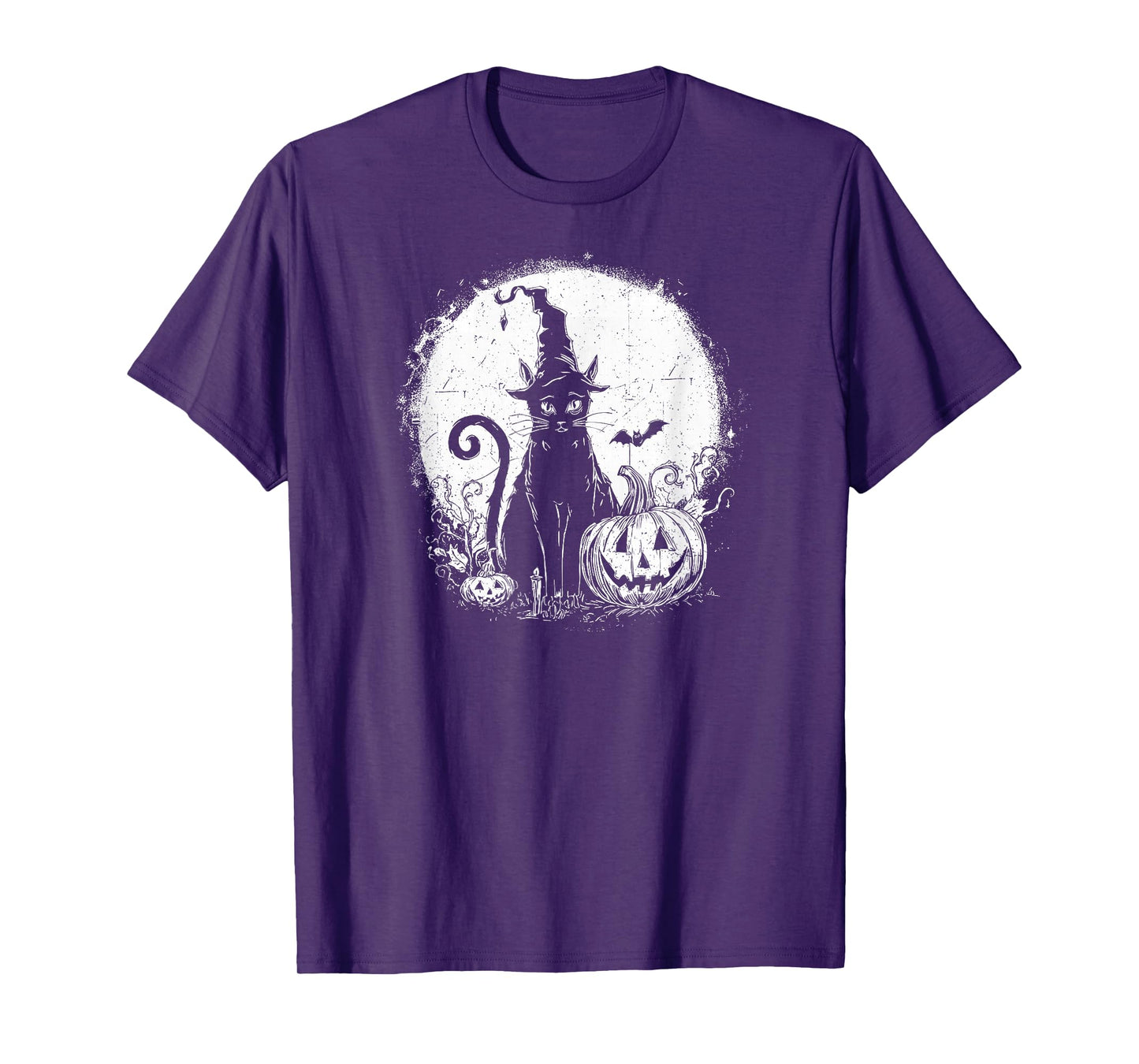 Spooky Witch Cat, Black Hat, Carved Pumpkin and Full Moon T-Shirt