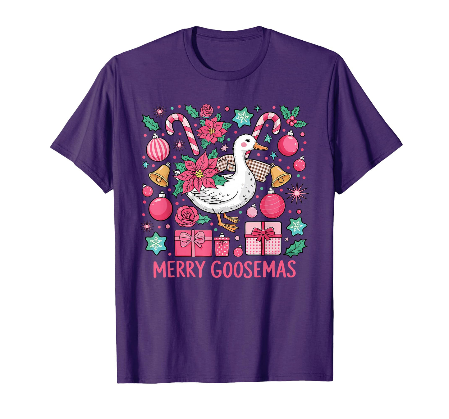 Merry Goosemas Pink Goose Santa Hat Lights Stars Christmas T-Shirt