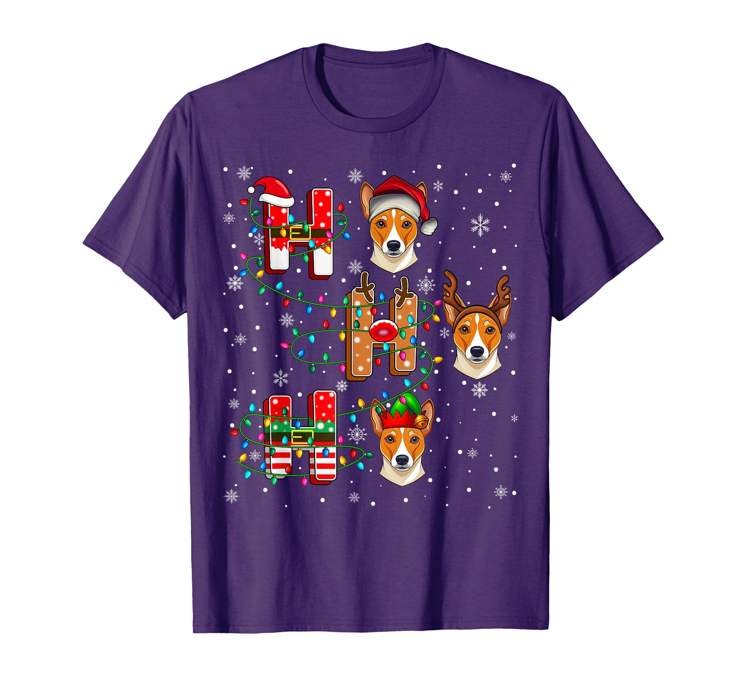 Ho Ho Ho Santa Reindeer Hat Elf Matching Basenji Dog Xmas T-Shirt