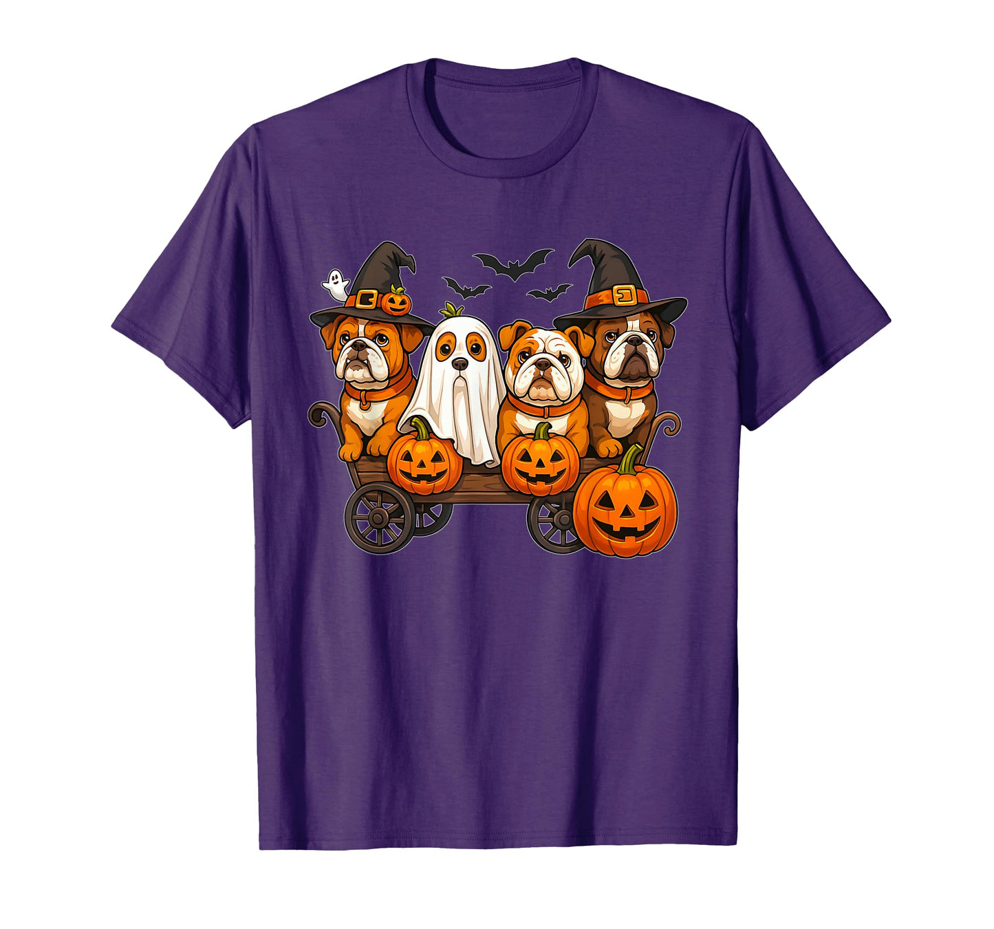 Halloween Bulldog Dogs Ghost Witch Pumpkins Wooden Wagon T-Shirt