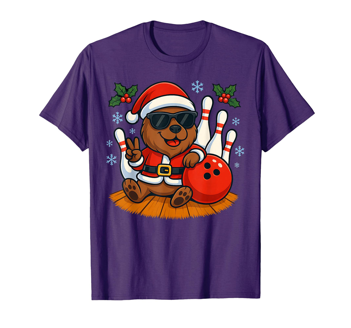 Cute Santa Capybara Bowling Christmas Funny Holiday Vibes T-Shirt