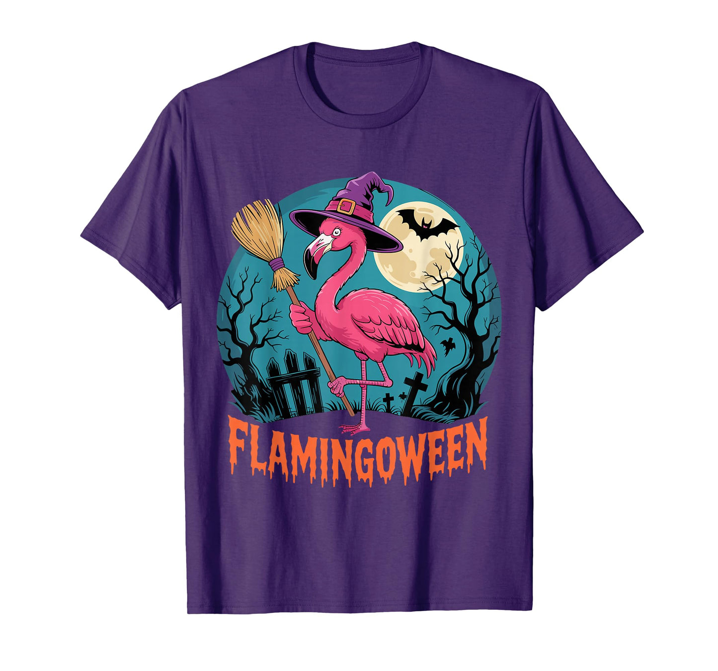 Pink Flamingo Witch Under Spooky Halloween Moon T-Shirt