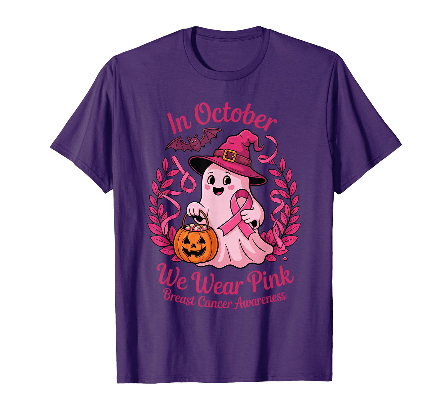 in October We Wear Pink Breast Cancer Ghost Witch Awareness T-Shirt