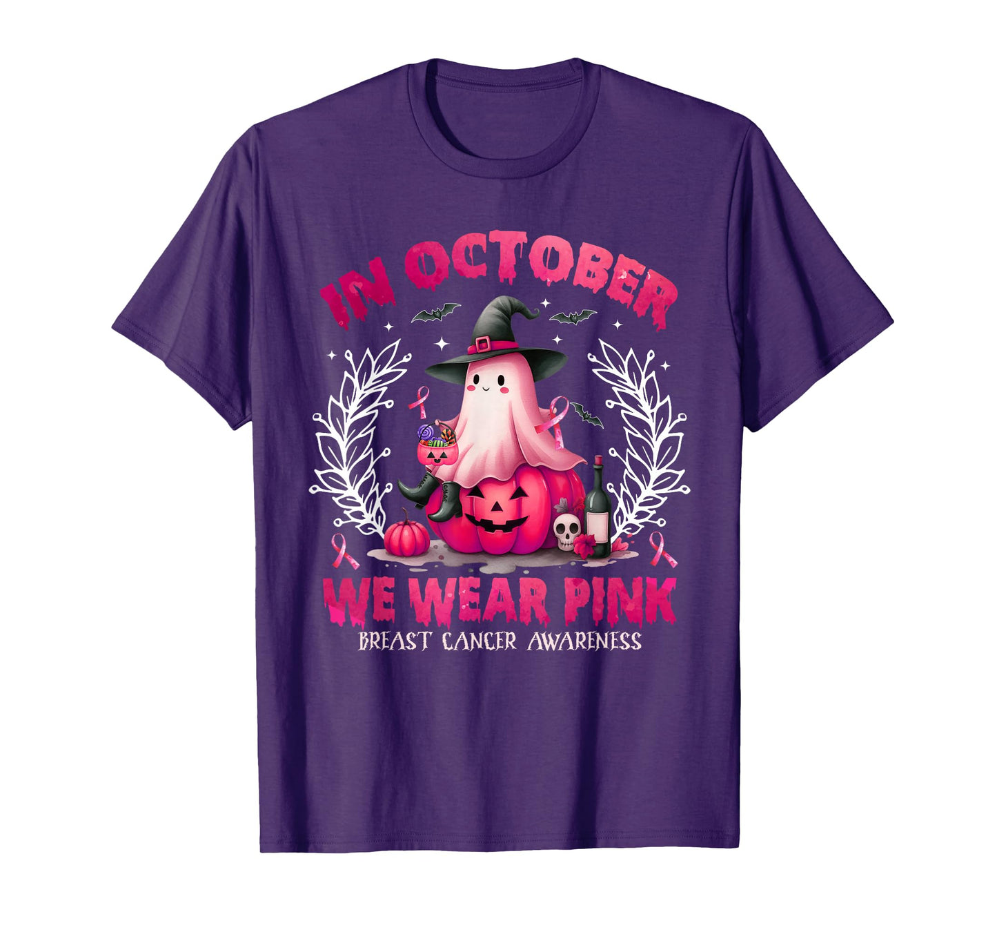 in October We Wear Pink Ghost Witch Breast Cancer Awareness T-Shirt